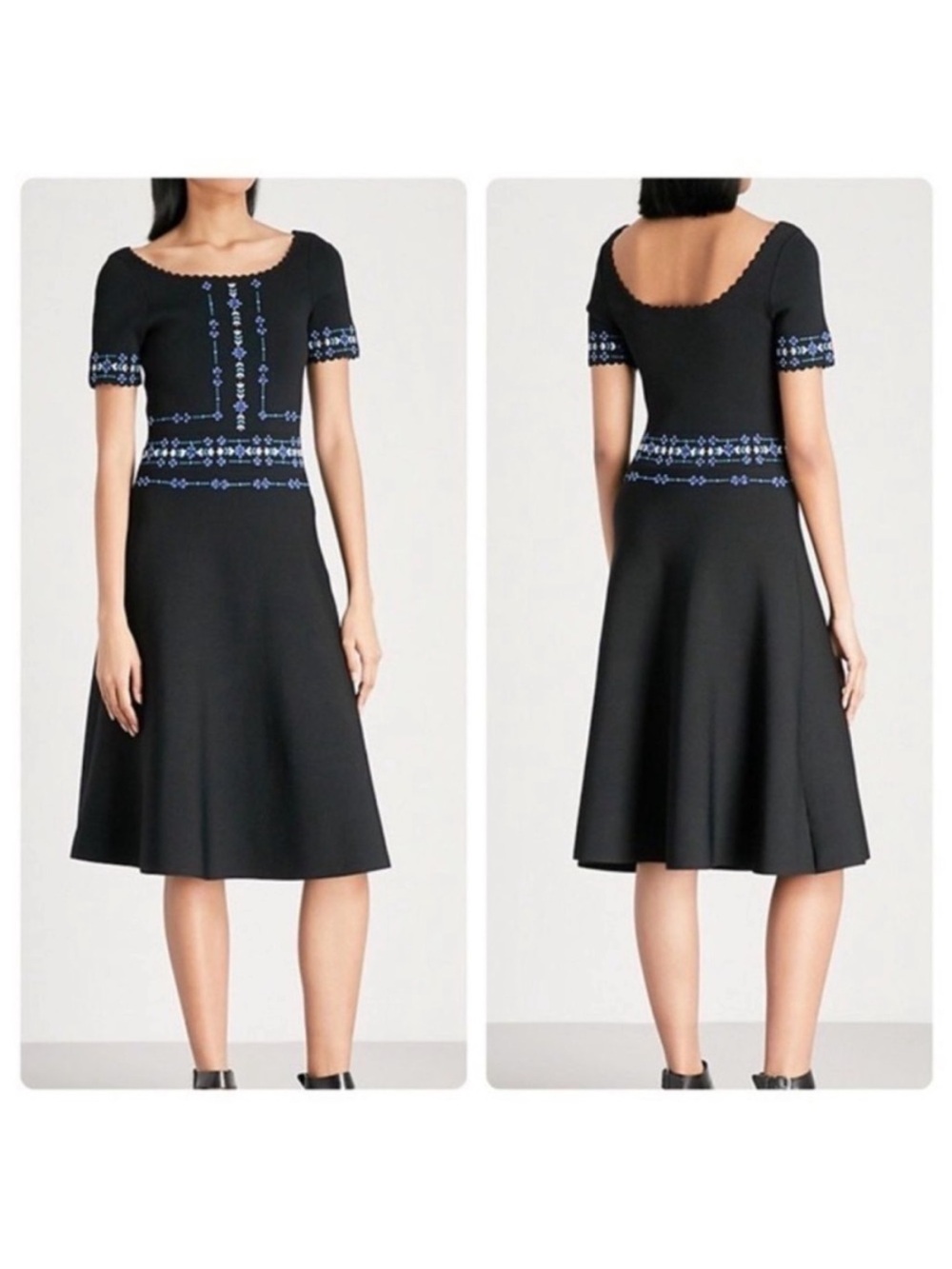 Sandro Black Knit Embroidered Dress with Scalloped Neckline Size 36